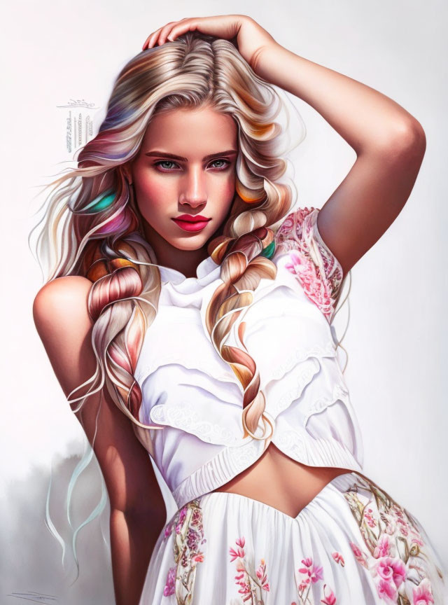 Digital artwork: Woman with flowing hair, pastel highlights, blue eyes, white floral outfit