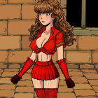 Stylized female character with long wavy hair in red outfit