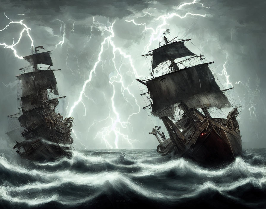 Old sailing ships in turbulent seas with lightning striking