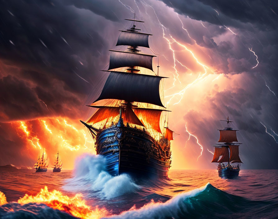 Sailing ships in stormy sea with lightning and fiery skies