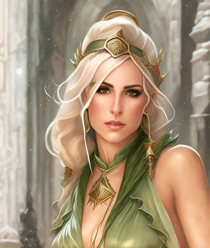 White-haired woman in green attire with golden circlet and mystical backdrop