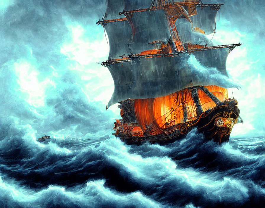 Majestic tall ship with glowing orange sails in stormy sea