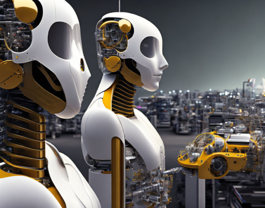 Detailed humanoid robots with exposed mechanics in industrial cityscape at dusk