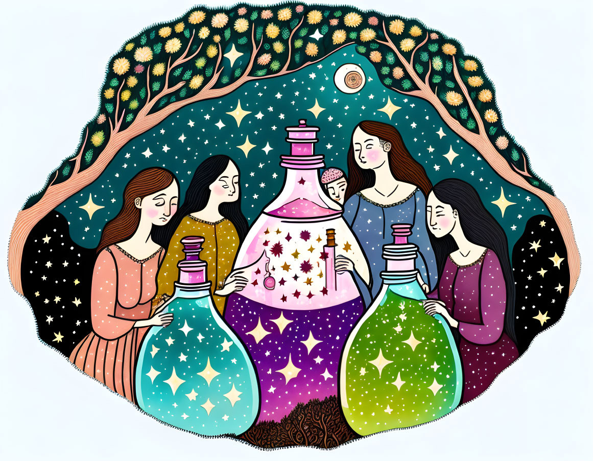 Fantasy-themed illustration of women with potion bottles under celestial tree