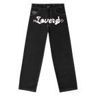 Embroidered floral design black trousers on black background