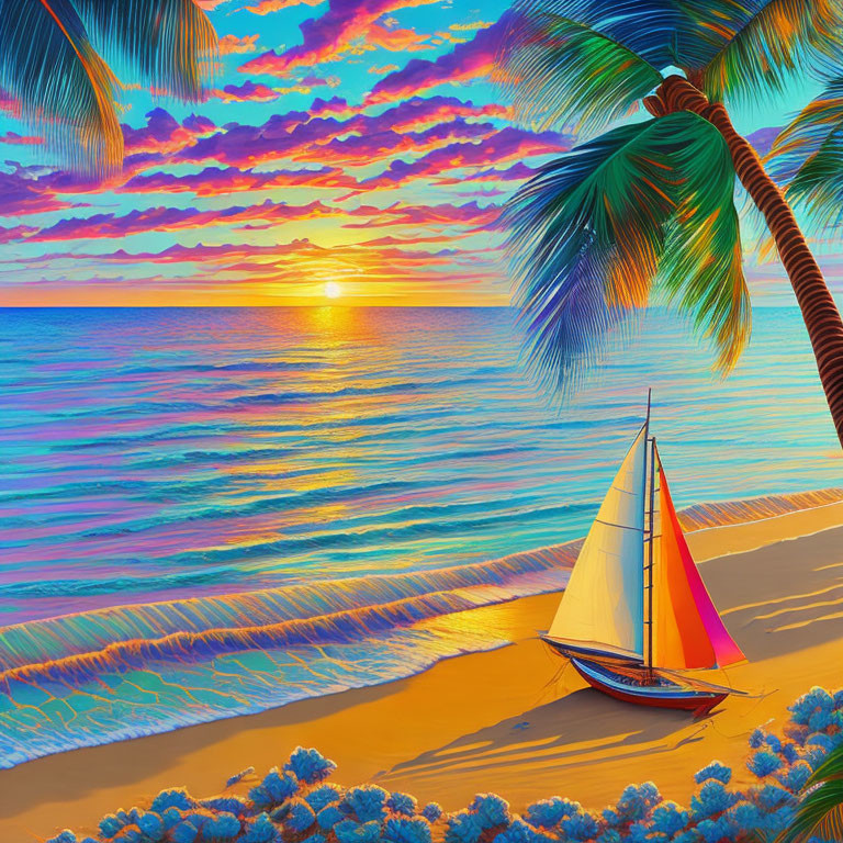 Sailboat on beach at sunset with palm trees and colorful sky