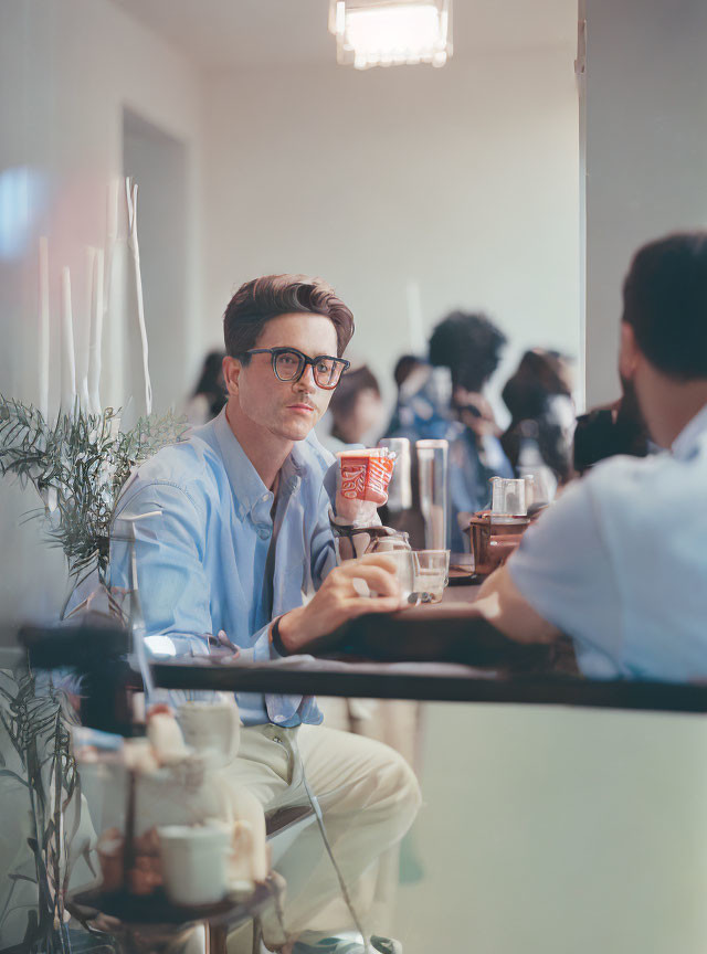 Person in Blue Shirt and Glasses Reflecting by Window with Beverage Can