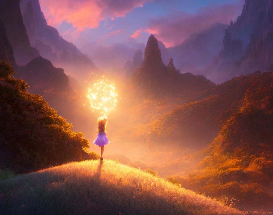 Young girl in purple dress admires magical orb on lush hilltop