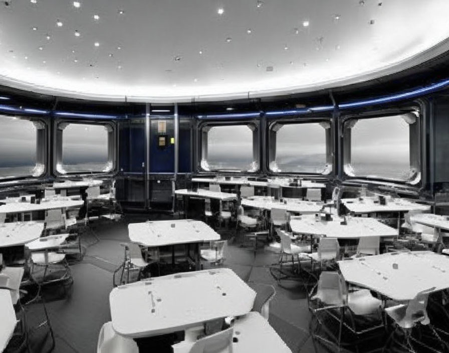 Modern cafeteria with white tables, blue-trimmed windows, and starry ceiling