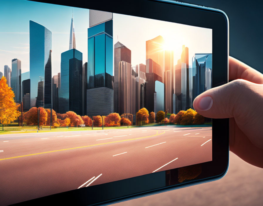 Cityscape reflected on tablet screen held by hand on sunny day