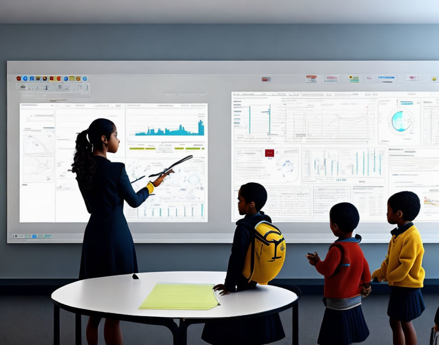 Woman presenting data on screen to children in modern classroom with graphs and charts.