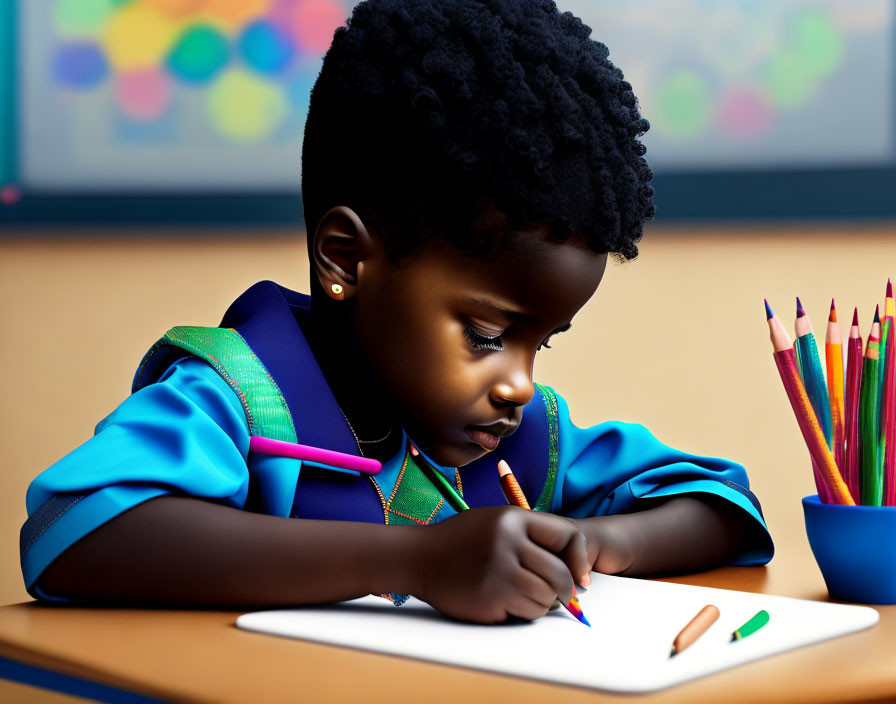 Child with Curly Hair Drawing with Pink Crayon on Paper