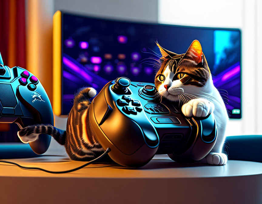 Cat with gaming controller and computer desk setup with dual monitors