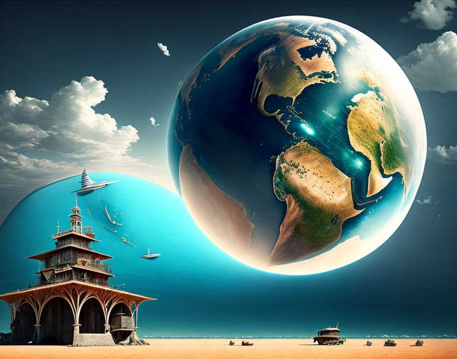 Surreal image of Earth above desert with traditional architecture and boats