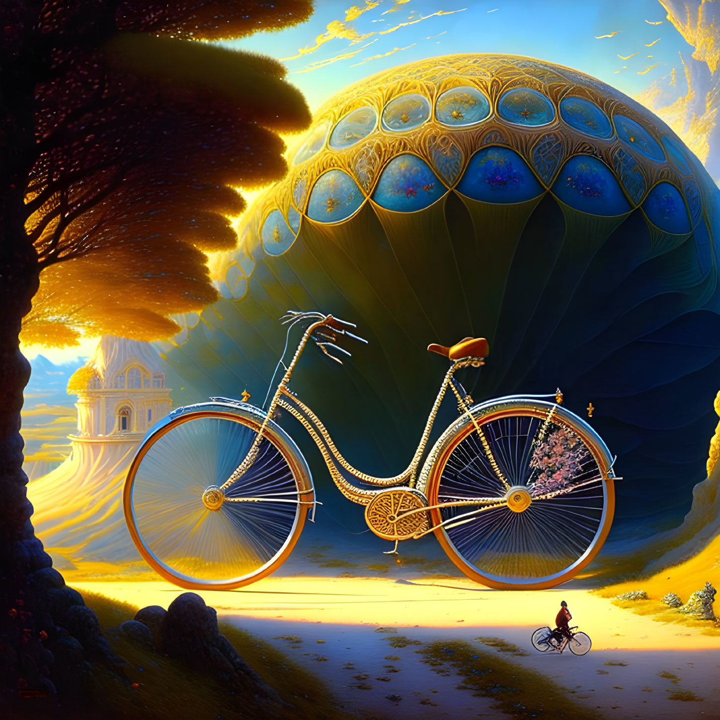 Vibrant surreal landscape with giant ornate bicycle and hot air balloon.