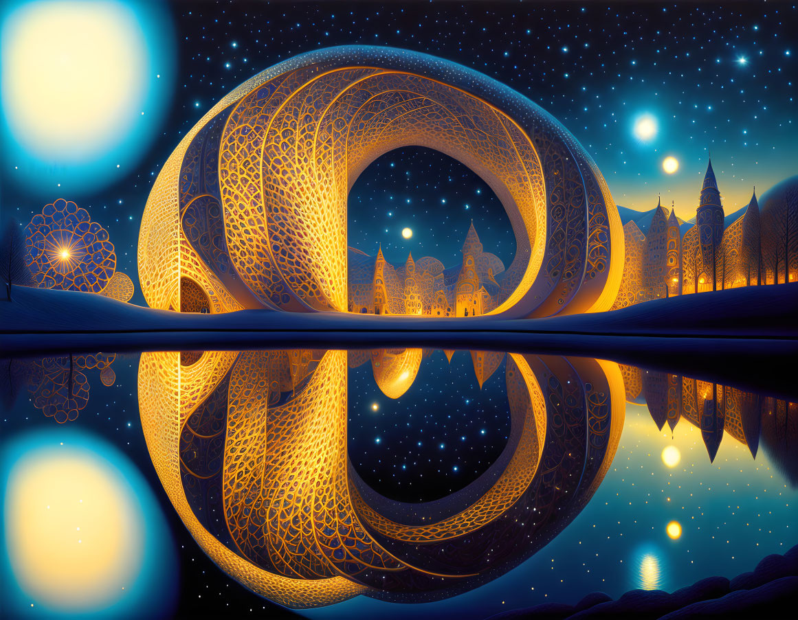 Fantastical landscape with golden loop, reflective water, starry sky