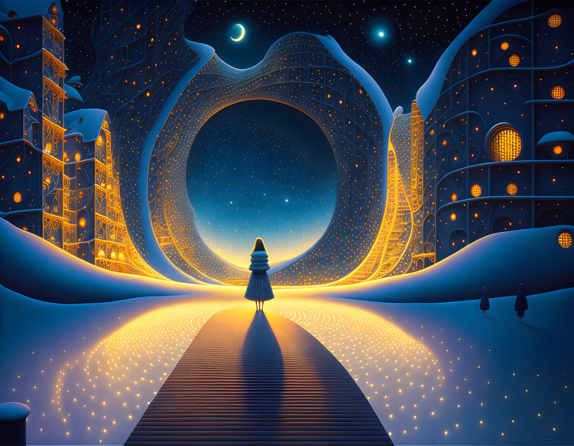 Surreal illustration: person on glowing path near archway & towering buildings