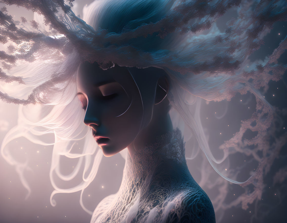 Translucent-skinned ethereal being with tree-like headpiece in misty glow