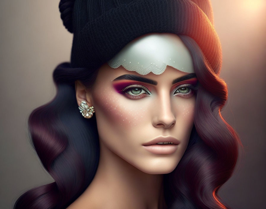 Portrait of woman with gradient skin tones and purple eyes, wearing black beanie and sparkling earring