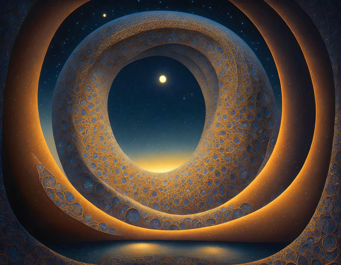 Surreal digital art: concentric circles portal over tranquil sea & starry night sky