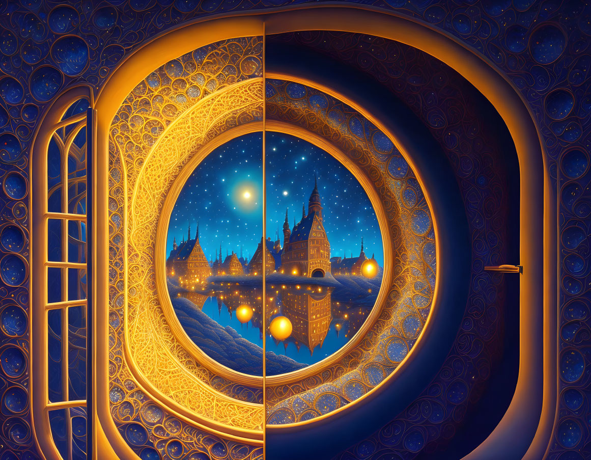 Circular window frames fantastical night scene with castle under starry sky reflected in water