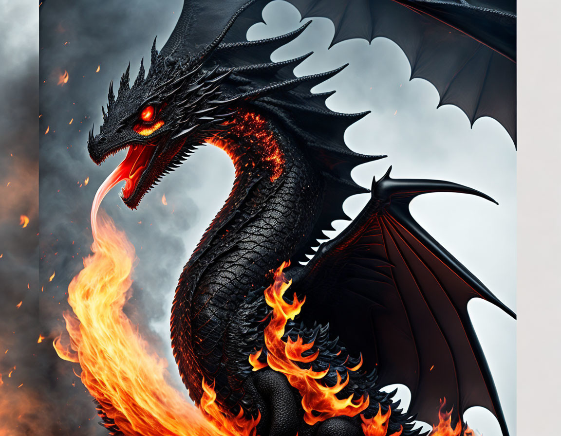 Black Dragon with Glowing Red Eyes and Spewing Flames in Smoky Background