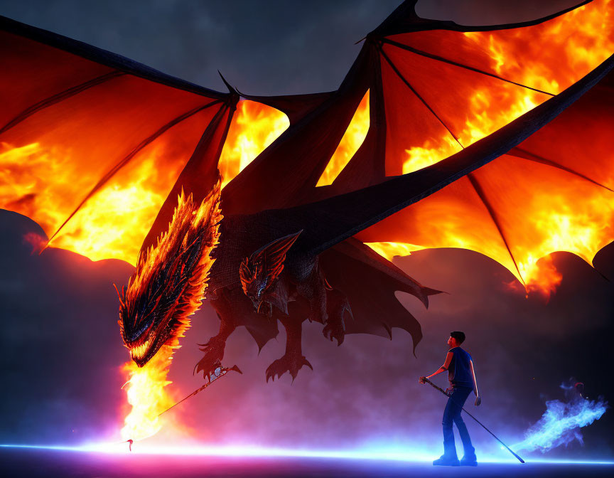 Person with staff confronts giant fire-breathing dragon at dusk