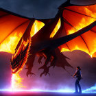 Person with staff confronts giant fire-breathing dragon at dusk