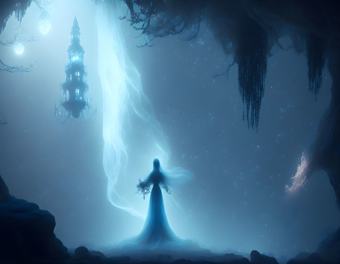 Mystical cloaked figure under glowing tree with floating castle in moonlit sky