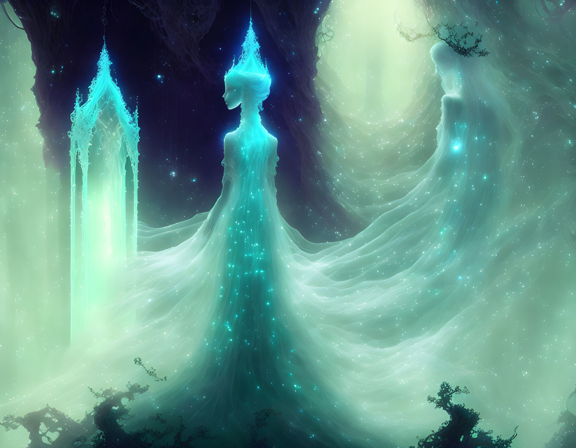 Ethereal artwork of glowing ghostly figures in flowing gowns