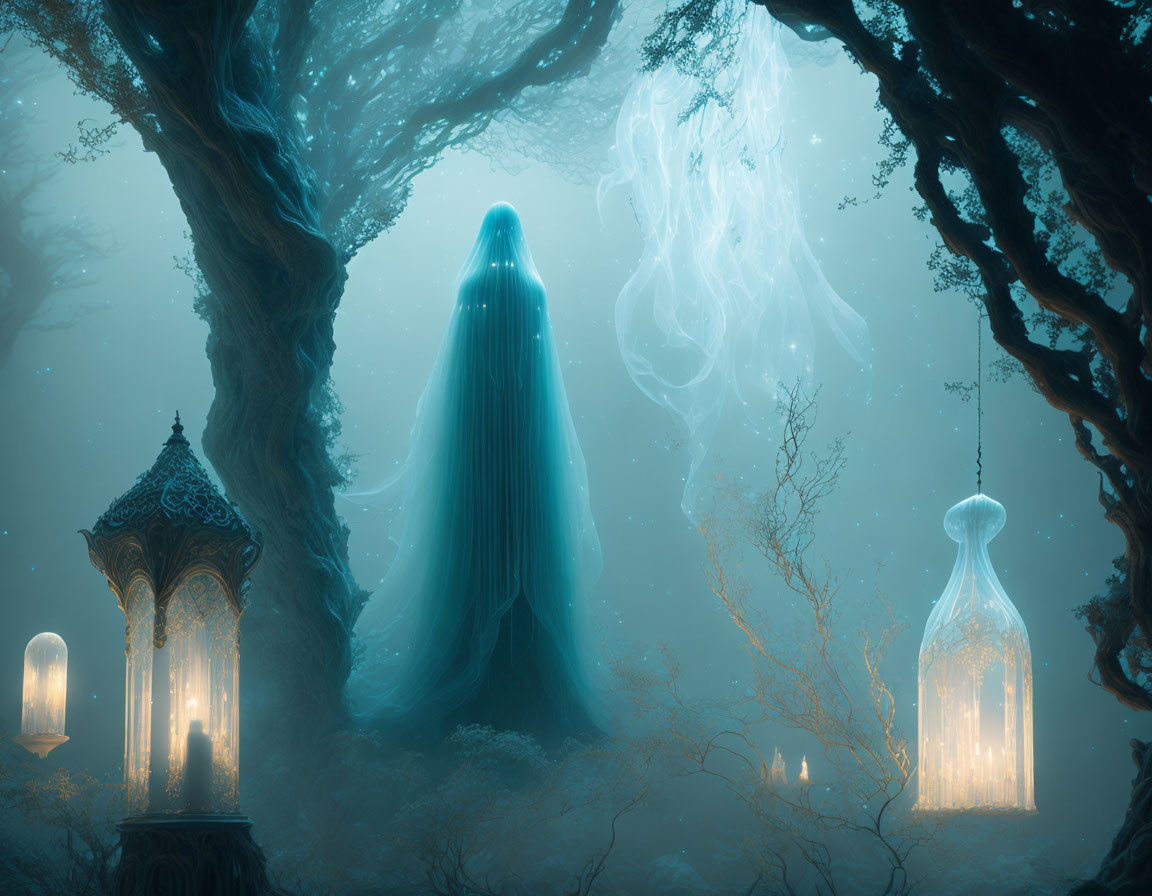 Ethereal forest scene with glowing lanterns, ghostly figure, and misty ancient trees