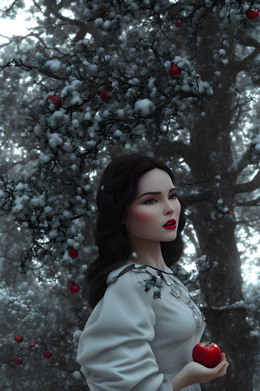 Digital artwork: Woman with dark hair and red lips holding red apple under snow-covered branches with red berries