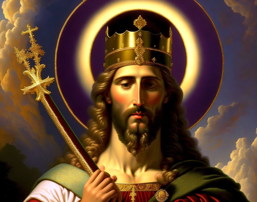 Figure with Crown, Scepter, and Halo in Cloudy Sky