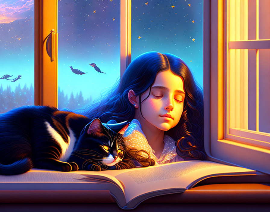 Girl resting by window with cat, birds, and starry sky at twilight