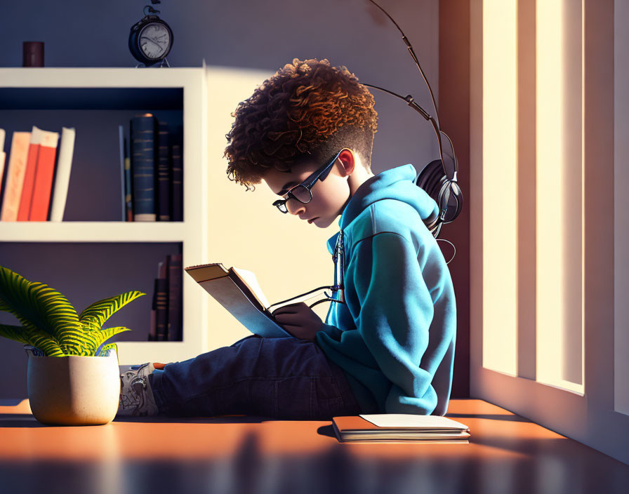 Young person reading book with headphones in sunlit room