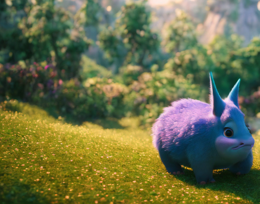 Purple animated creature in sunny meadow with trees