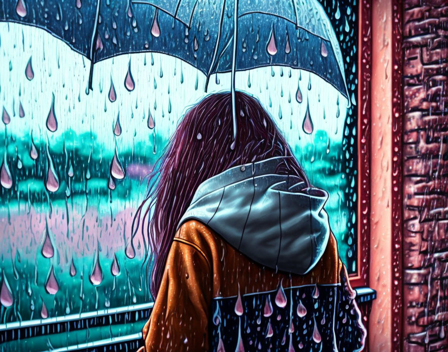 Purple-Haired Person with Blue Umbrella in Heavy Rain