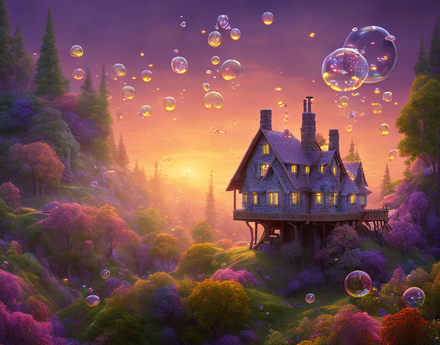 Quaint elevated house in purple-flora setting with iridescent bubbles