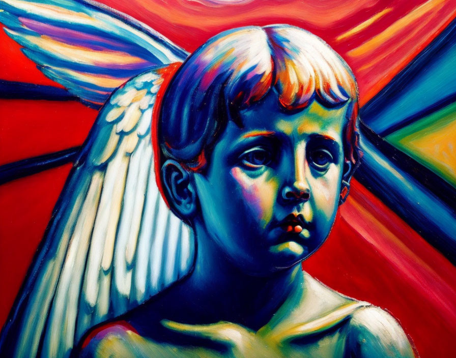 Vibrant Child Portrait with Angel Wings in Red and Blue