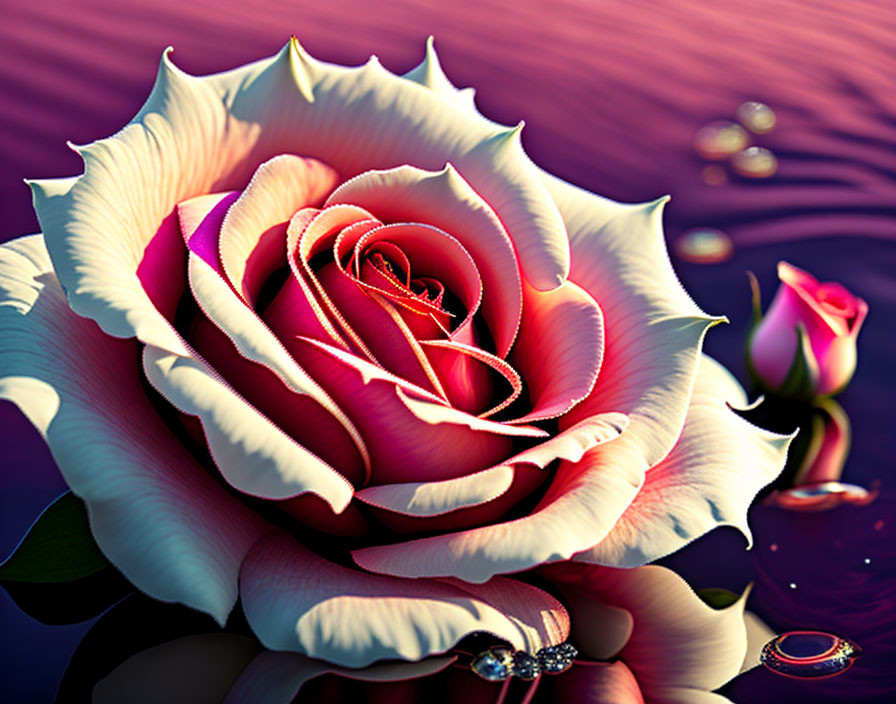 Multicolored rose on purple background with water droplets