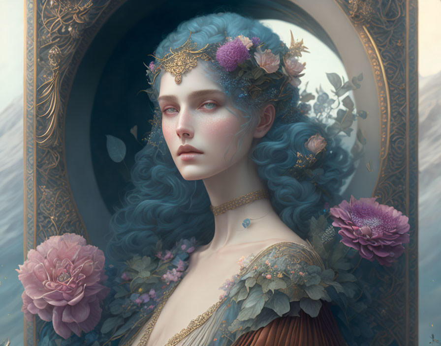 Fantasy portrait of woman with blue wavy hair and floral dress in ornate mirror