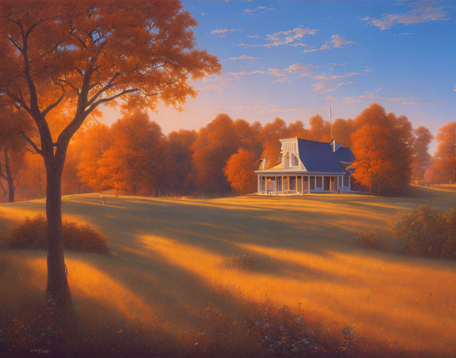 Victorian-style house in autumn landscape with warm sunset glow