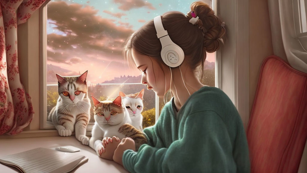 Girl with headphones sitting by window with three cats and open book.