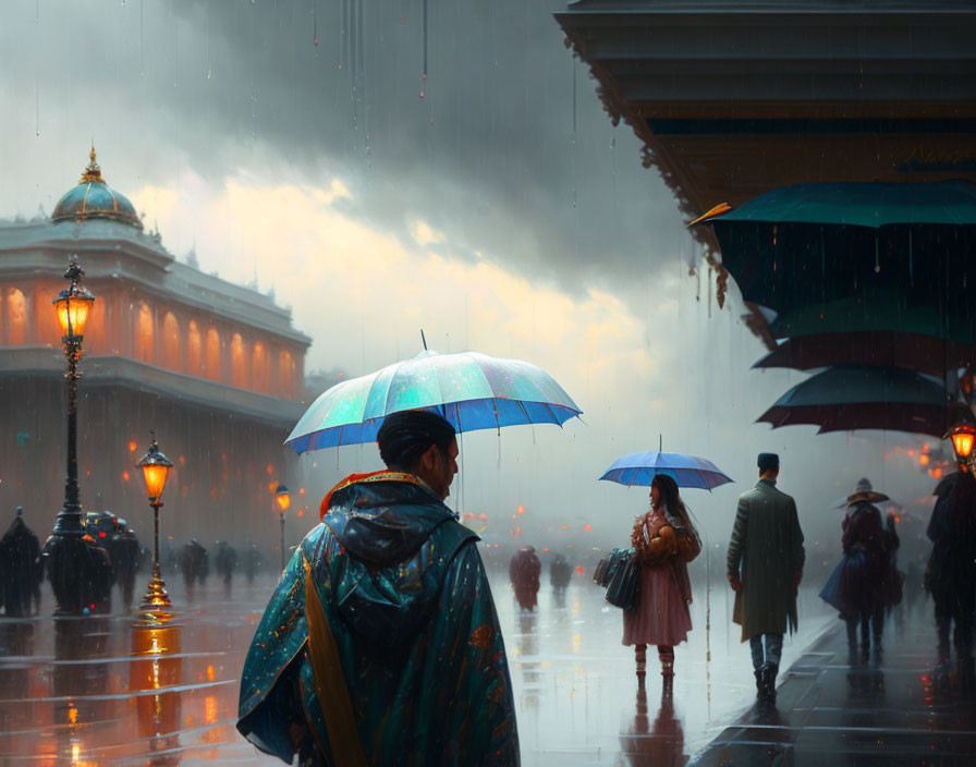 Rainy city street scene with people holding umbrellas and warm lights, man and woman standing together.