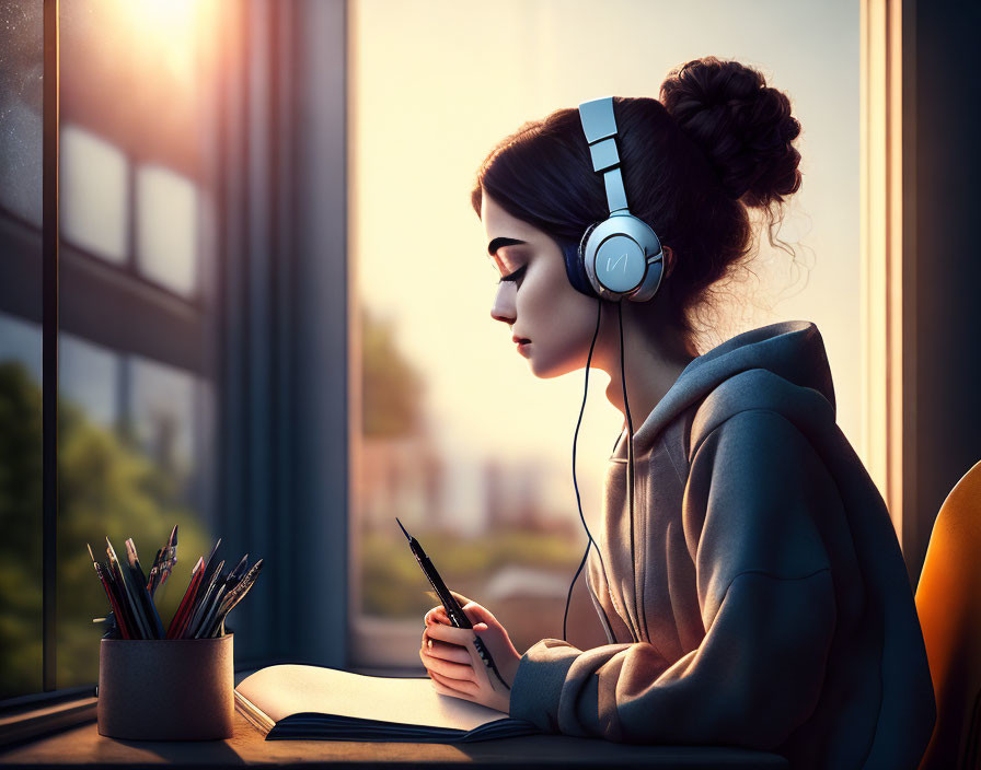 Woman writing in notebook near window at sunset with headphones