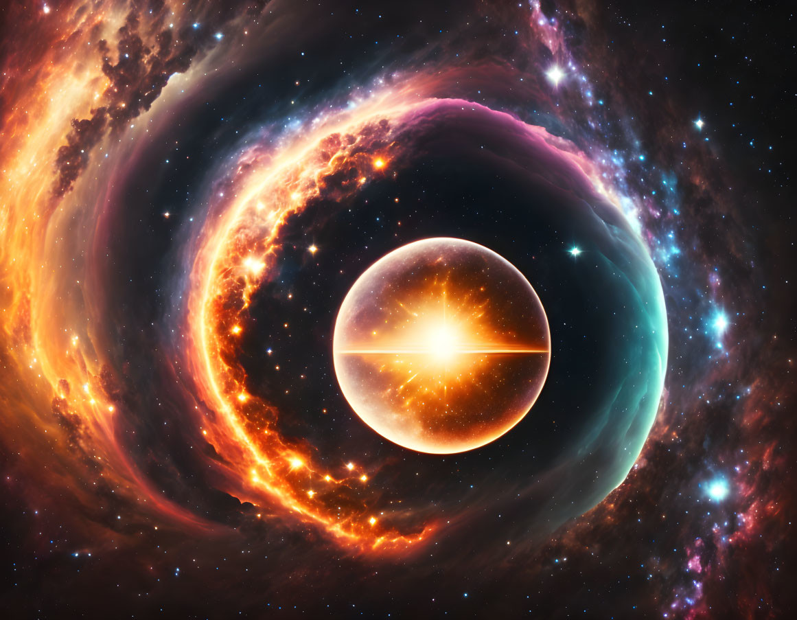 Colorful Glowing Planet Surrounded by Nebula Clouds