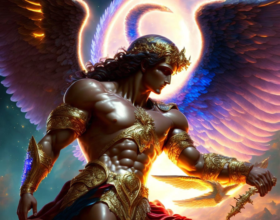 Muscular winged warrior in golden armor with glowing staff and heart-shaped halo.