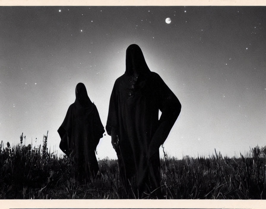 Silhouetted figures in cloaks under crescent moon at night