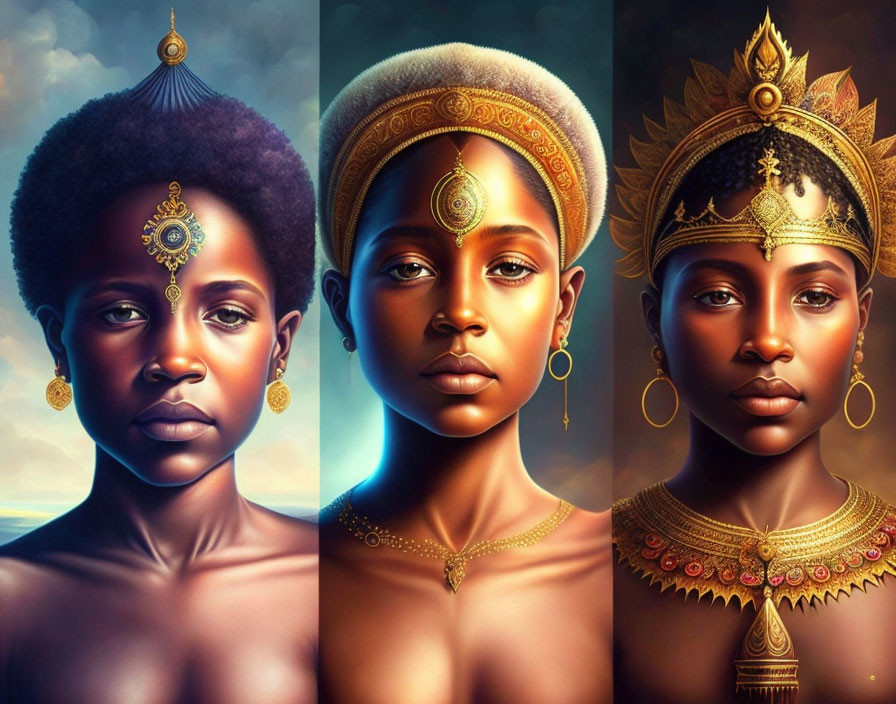 Golden headpieces and jewelry on women in warm backgrounds