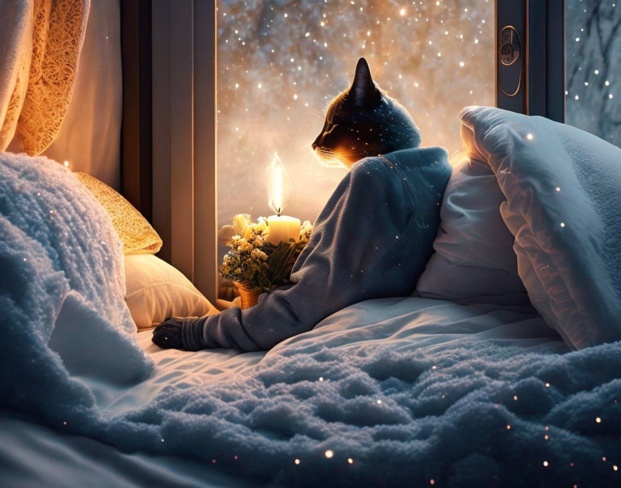 Person and cat by window at night with starry sky, candle, flowers, and plush bedding